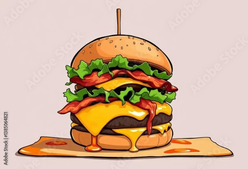 A bright illustration of a delicious burger with a juicy patty, fresh vegetables, cheese and sauce.