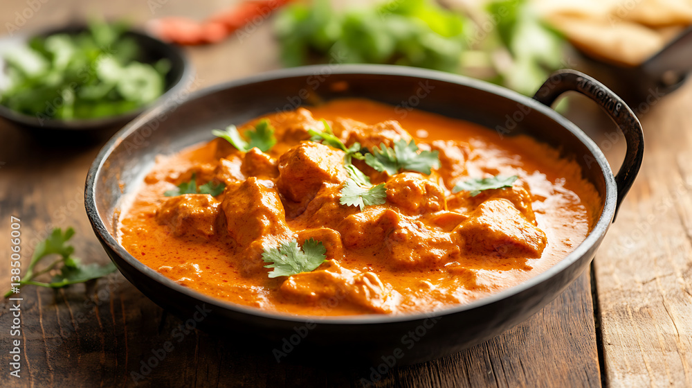 Creamy chicken curry with tender pieces of meat, garnished with fresh cilantro, served in black bowl. rich orange sauce is inviting and flavorful, perfect for hearty meal Creamy chicken curry with tender pieces of meat, garnished with fresh cilantro, served in black bowl. rich orange sauce is inviting and flavorful, perfect for hearty meal