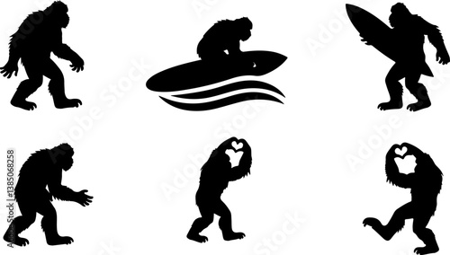 Bigfoot Silhouette Set – Surfing, Walking, and Love Gestures

Funny Sasquatch Vector Icons – Surf and Heart Poses

Silhouette Collection of Bigfoot in Action – Surfboard & More

