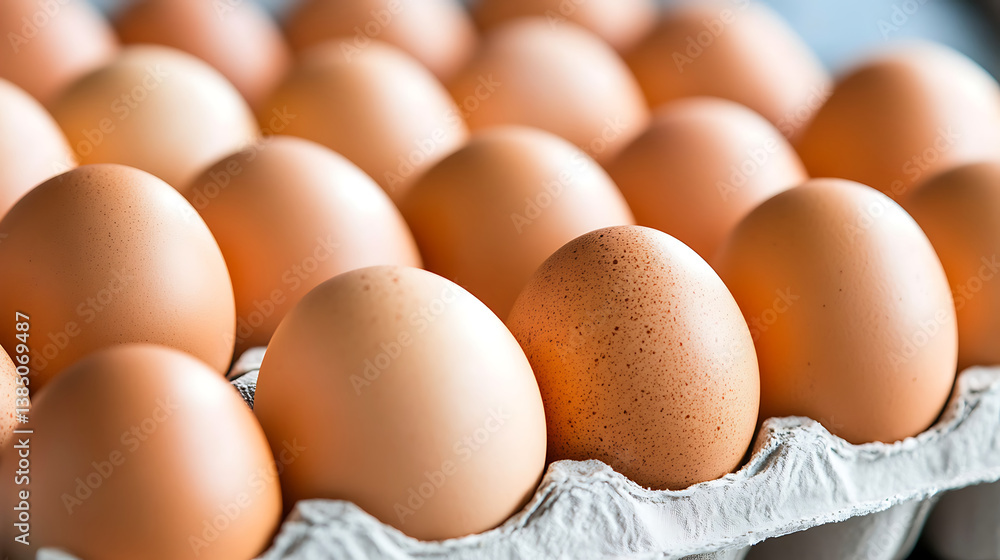 Fresh eggs arranged neatly in carton, showcasing their smooth, brown shells with some speckled variations. image captures essence of farm fresh produce, evoking sense of warmth and nourishment Fresh eggs arranged neatly in carton, showcasing their smooth, brown shells with some speckled variations. image captures essence of farm fresh produce, evoking sense of warmth and nourishment