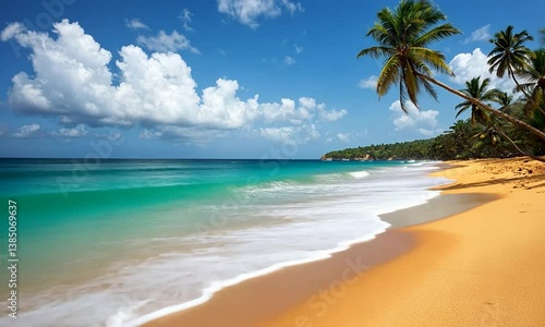 Wallpaper Mural Serene tropical beach with golden sand, turquoise waves, and lush palm trees under a clear sky Torontodigital.ca