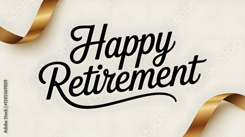 Happy Retirement card. Beautiful greeting banner poster calligraphy black text word gold ribbon. Hand drawn design. Handwritten modern brush lettering white background etc.