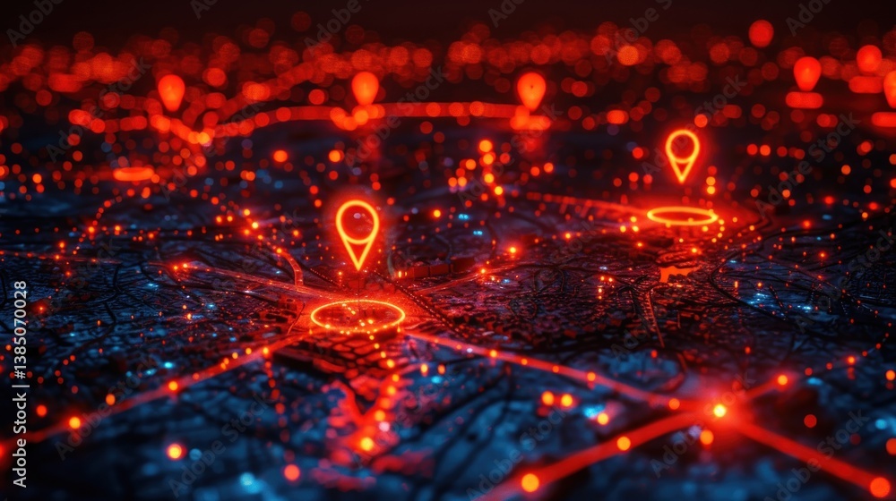 Illuminated city map with location markers, night view, showing connections Illuminated city map with location markers, night view, showing connections