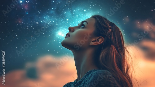 Woman gazes at the cosmic sky, dreaming of the stars and universe.