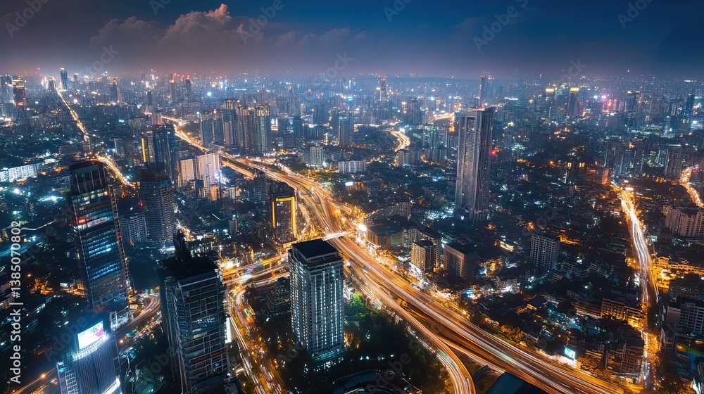 Obraz premium Aerial view of city highway intersection at night