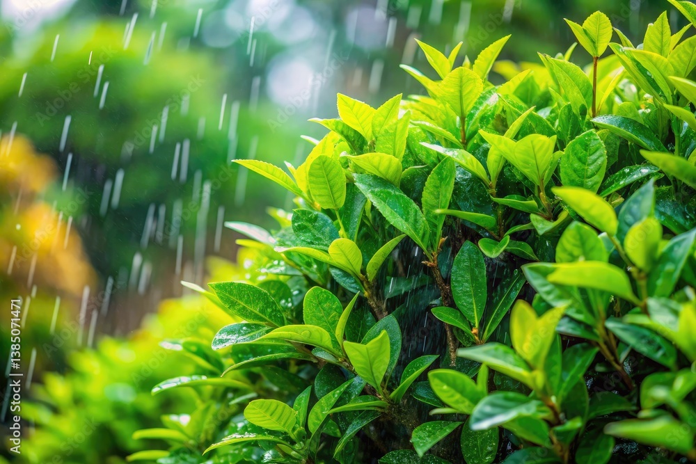 Obraz premium Candid summer rain; vibrant green leaves emerge from a flourishing bush.