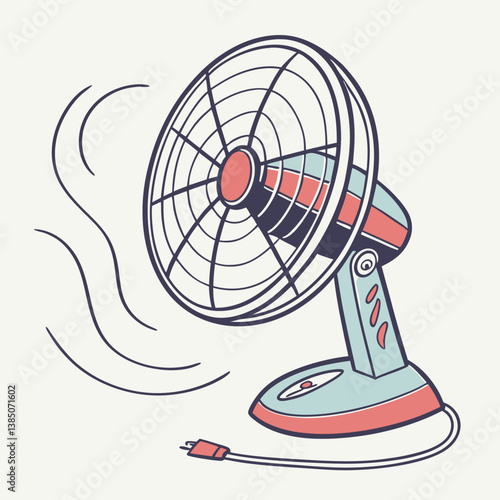 Portable fan in retro style blowing air with electric cord
