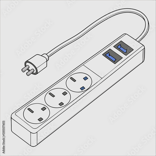 Power strip illustration with three sockets and usb ports