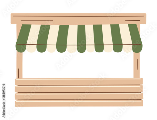 Market stall, wooden vendor stand with green striped awning, rustic farmers market booth, , craft fair shop, street food kiosk hand-drawn small business storefront design. Vector illustration.