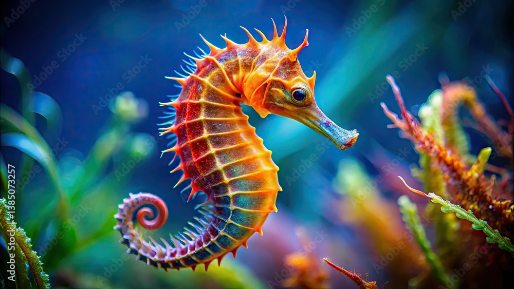 Close-up, detailed wildlife photography reveals the vivid colors of a tiny Tyro seahorse in its ocean habitat.