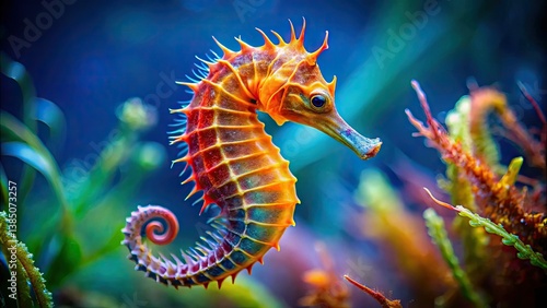 Obraz na płótnie Close-up, detailed wildlife photography reveals the vivid colors of a tiny Tyro seahorse in its ocean habitat. w salonie