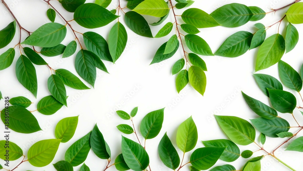 Fresh Green Leaves Forming a Natural Frame on a Clean White Background Fresh Green Leaves Forming a Natural Frame on a Clean White Background