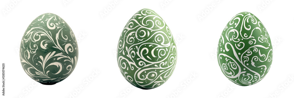 Three green eggs with decorative white swirls and floral patterns. Three green eggs with decorative white swirls and floral patterns.