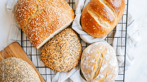 Homemade low carb and gluten free breads displayed on cooling rack, showcasing variety of textures and colors. These artisanal loaves are perfect for healthy eating and baking enthusiasts
