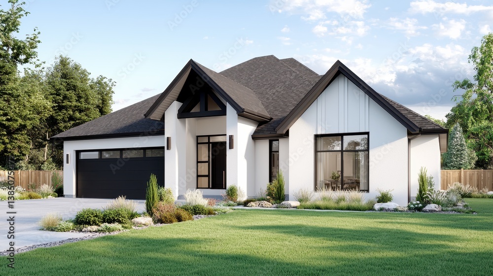 Modern White and Black House Exterior with Landscaping Modern White and Black House Exterior with Landscaping