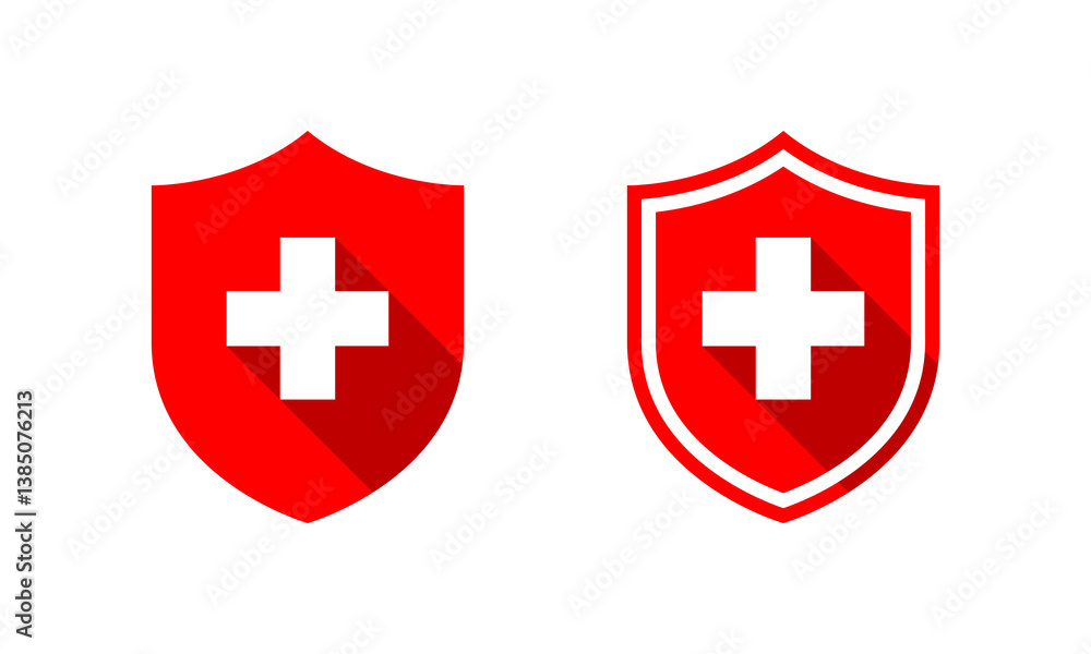 Obraz premium Medical shield protection icon with long shadow. Protect, healthy badge sign symbol