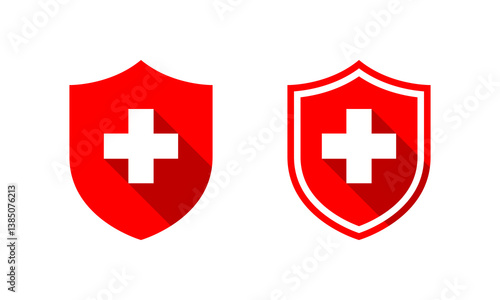Medical shield protection icon with long shadow. Protect, healthy badge sign symbol