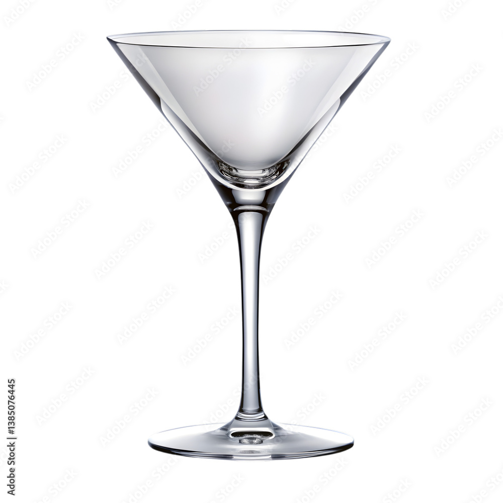 Empty Martini Glass: A clear, elegant martini glass, perfectly shaped, standing isolated, capturing the minimalist design, reflecting the potential for a refreshing beverage. Empty Martini Glass: A clear, elegant martini glass, perfectly shaped, standing isolated, capturing the minimalist design, reflecting the potential for a refreshing beverage.