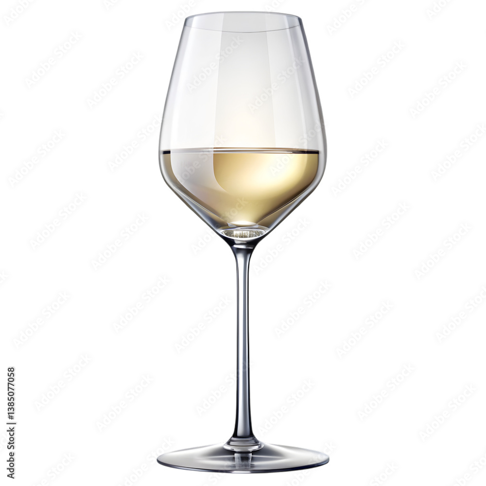 Elegant Wine Glass: A crystal-clear wine glass, filled with a golden elixir, poised against a delicate, clean, background. A perfect portrayal of sophistication and refined taste.