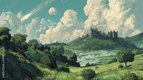 Art Nouveau and Jugendstil-inspired painting that captures a serene and fantastical countryside scene with intricate details and a sense of wonder