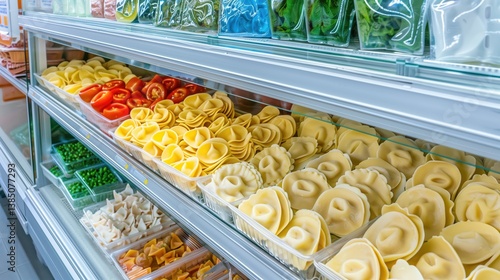 Refrigerated grocery display showcasing assorted fresh pasta varieties, tortellini and agnolotti filling shelves with culinary Italian diversity