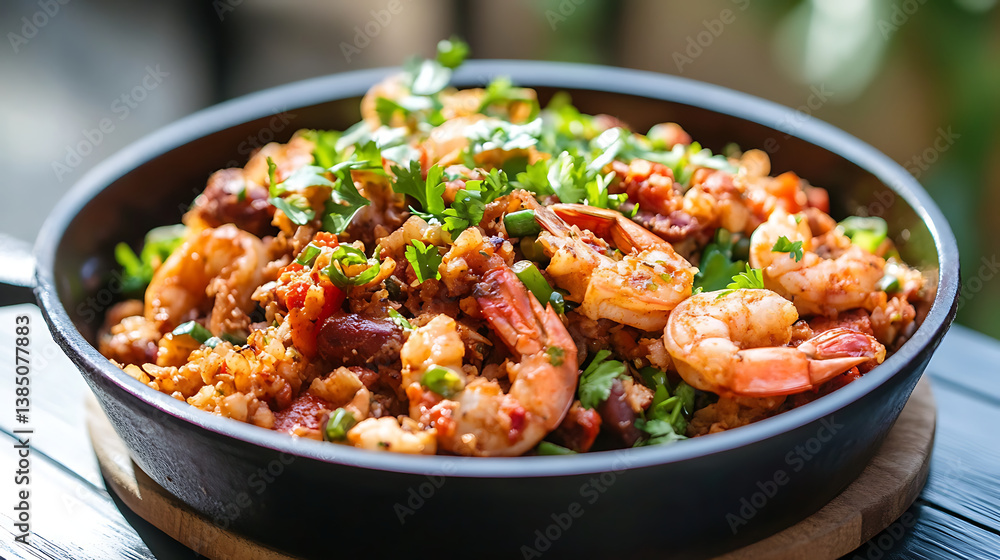 vibrant dish of jambalaya featuring shrimp, sausage, and medley of vegetables, garnished with fresh herbs. This flavorful meal is perfect for gatherings and showcases rich blend of spices vibrant dish of jambalaya featuring shrimp, sausage, and medley of vegetables, garnished with fresh herbs. This flavorful meal is perfect for gatherings and showcases rich blend of spices