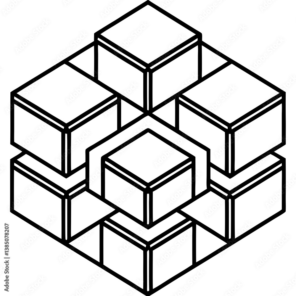3D vector outline of interconnected cubes for technical designs and educational purposes 3D vector outline of interconnected cubes for technical designs and educational purposes