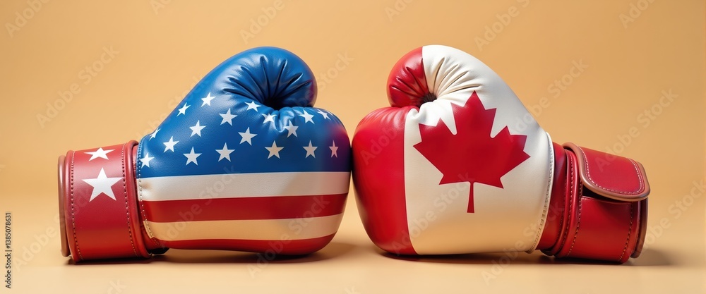 Obraz premium USA and Canada flag boxing gloves clashing representing trade war and diplomatic competition concept