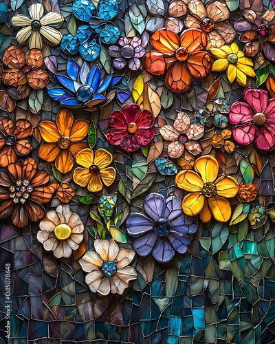 A stunning handmade mosaic art piece, vibrant stained glass fragments arranged in an intricate floral pattern, light filtering through, mesmerizing colors