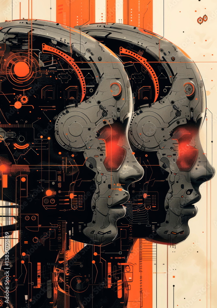 background with an army of advanced robots, technologies, representing artificial intelligence, programming and robotics.
