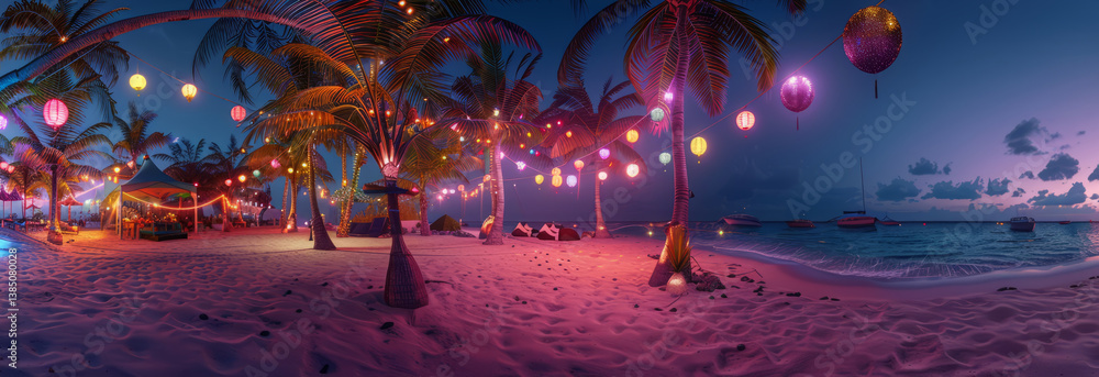 Festive panorama of a tropical beach with coconut palms decorated with lights and lanterns for a beach party.