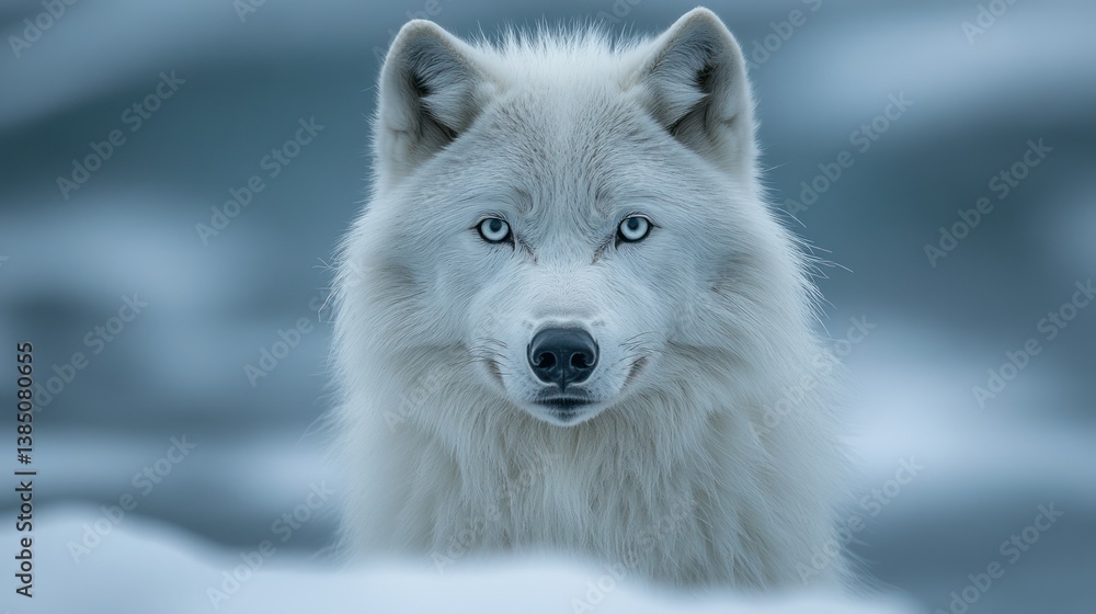 Majestic Arctic Wolf: A portrait of a striking arctic wolf with piercing blue eyes, set against a backdrop of a snow-covered landscape, capturing the essence of winter wilderness. Majestic Arctic Wolf: A portrait of a striking arctic wolf with piercing blue eyes, set against a backdrop of a snow-covered landscape, capturing the essence of winter wilderness.