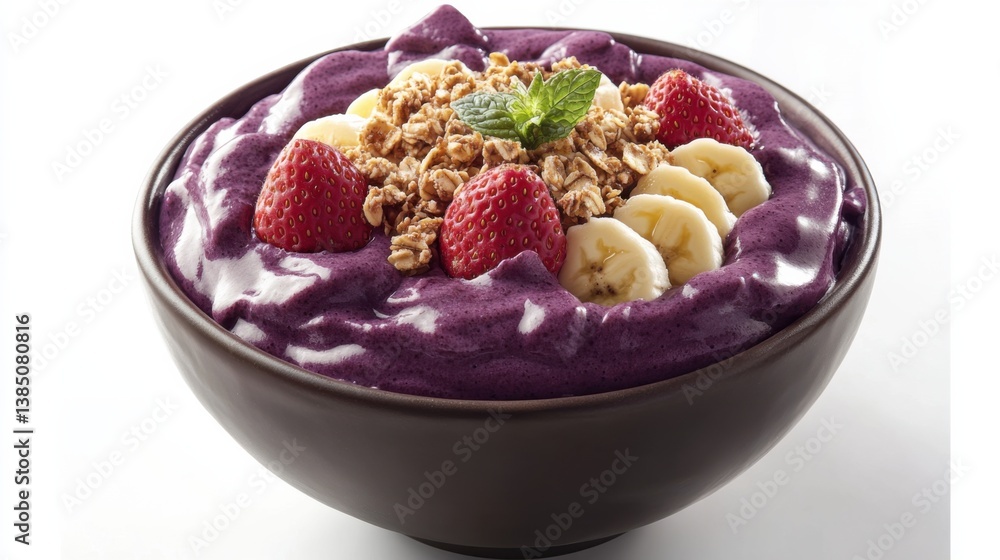 A bowl of acai smoothie topped with granola and fruit. Featuring vibrancy and health A bowl of acai smoothie topped with granola and fruit. Featuring vibrancy and health