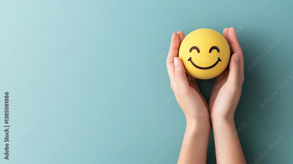 The concept of World Mental Health Day is represented by a woman's hands gently holding a smiling face, embodying positive thoughts and mental wellness, created with generative AI The concept of World Mental Health Day is represented by a woman's hands gently holding a smiling face, embodying positive thoughts and mental wellness, created with generative AI