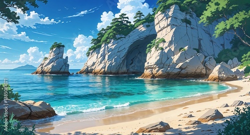 Secluded beach with large rock formations and clear water anime cartoon style illustration artwork design background