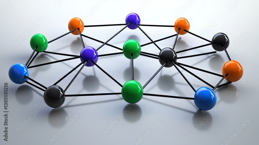 Obraz premium Colorful spheres interconnected by lines on a light surface, network concept