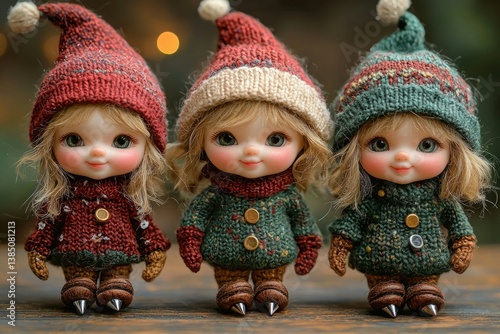 Adorable Trio of Knitted Dolls in Winter Wonderland