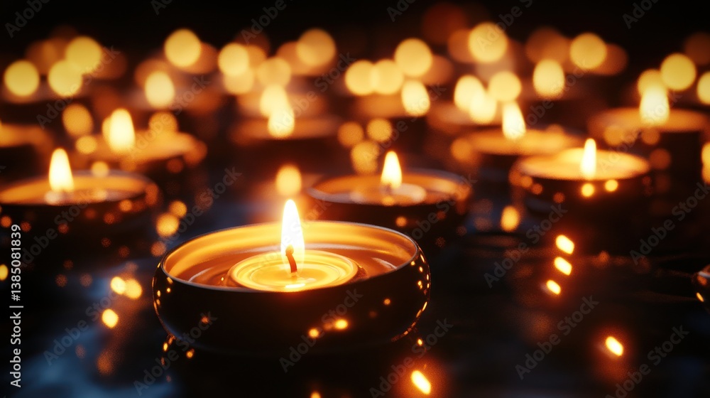 Floating Candles Reflecting Light, Peaceful Scene, Decorative Floating Candles Reflecting Light, Peaceful Scene, Decorative