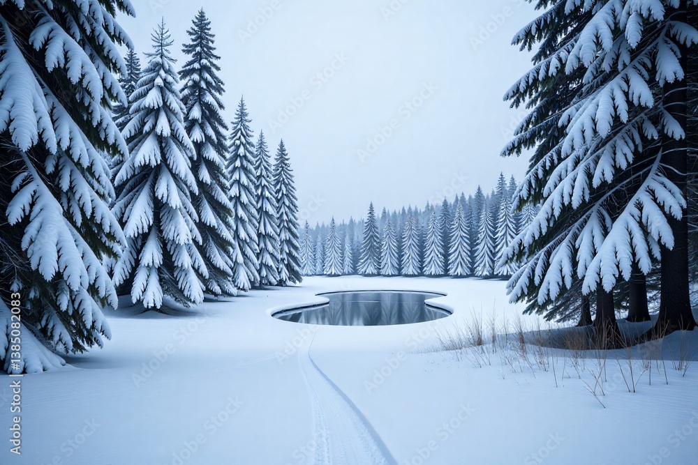 Obraz premium Serene Snowy Forest with a Frozen Pond in Winter Silence