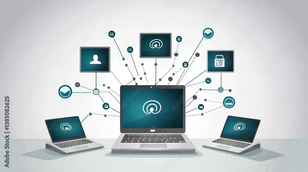 Connected laptops, digital network, office environment Connected laptops, digital network, office environment