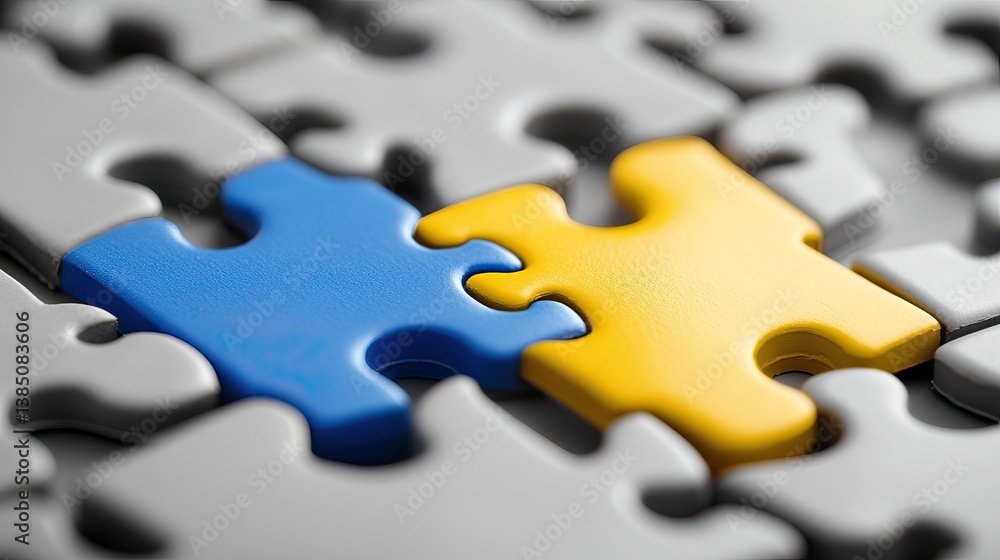 Fototapeta premium Connecting Puzzle Pieces; Problem Solving; Grey Background