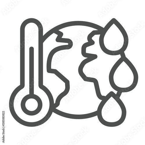 Thermometer and planet earth with drops line icon, climate change concept. Vector graphics. World temperature, heating sign on white background, outline style icon for mobile or web design.