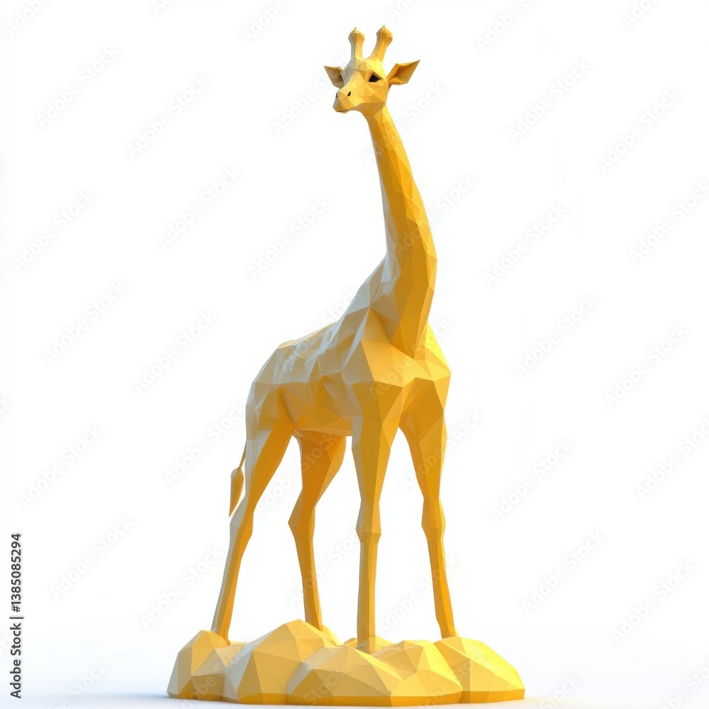 Naklejka premium A striking low poly gold giraffe sculpture stands majestically on a geometric base showcasing its elongated neck and intricate polygonal details against a clean white background.