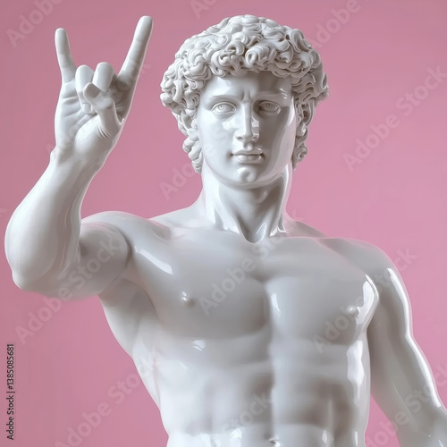 David statue made of white glossy porcelain, with a hand raised in a rock sign gesture, on a pink background. 
