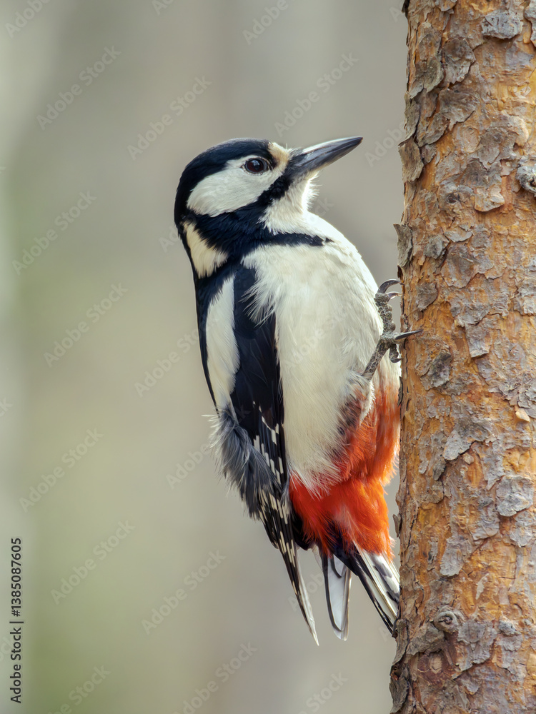 A female woodpecker is perching on a tree trunk A female woodpecker is perching on a tree trunk