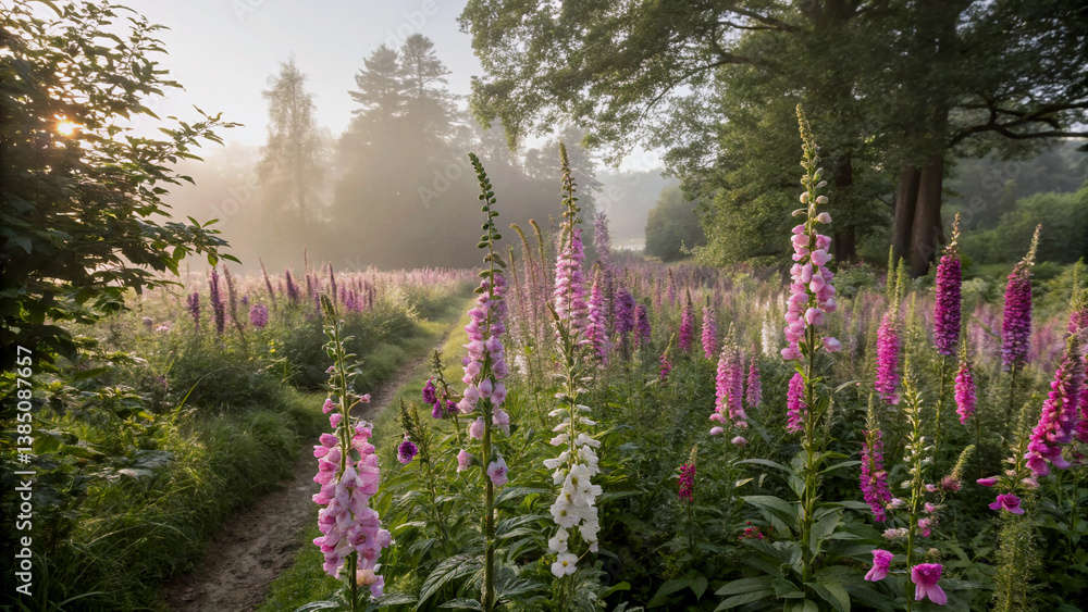 Obraz premium Vibrant Pink and White Foxgloves in a Lush Meadow