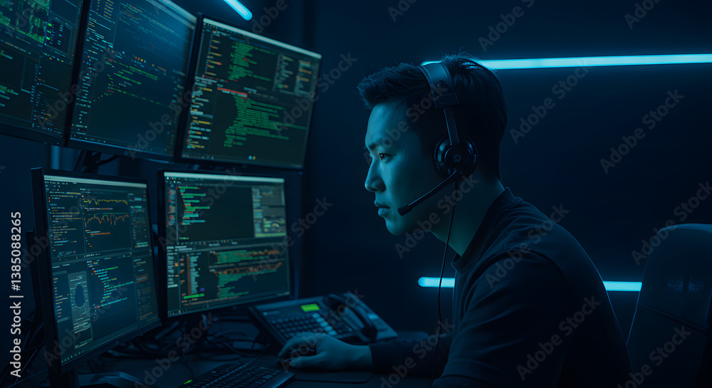 A focused coder intently monitors multiple screens displaying complex code, a headset worn, in a dark, illuminated workspace. A focused coder intently monitors multiple screens displaying complex code, a headset worn, in a dark, illuminated workspace.