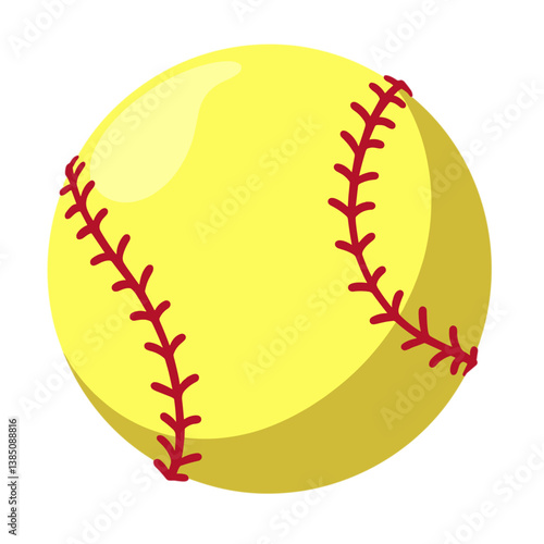 Yellow softball with red stitching on a white background  