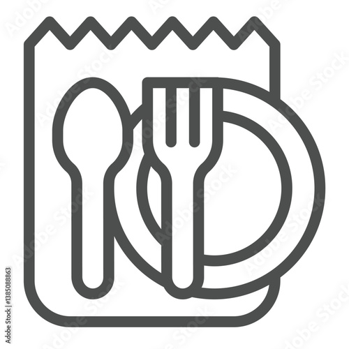 Tableware with disposable plastic line icon, culinary cooking concept. Vector graphics. Spoon, fork and paper bag, tableware sign on white background, outline style icon for mobile or web design.