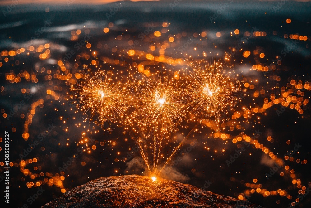 Naklejka premium Nighttime Fireworks Spectacle Over City Lights